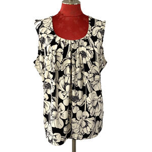 Jones Studio Career Tank Top Blouse XL Sleeveless Beige Black Floral Scoop Neck